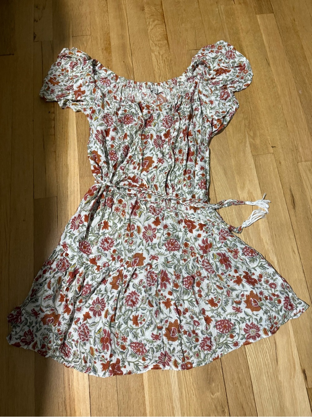 Rachel Floral Off-Shoulder Dress in Cream, Rust & Green